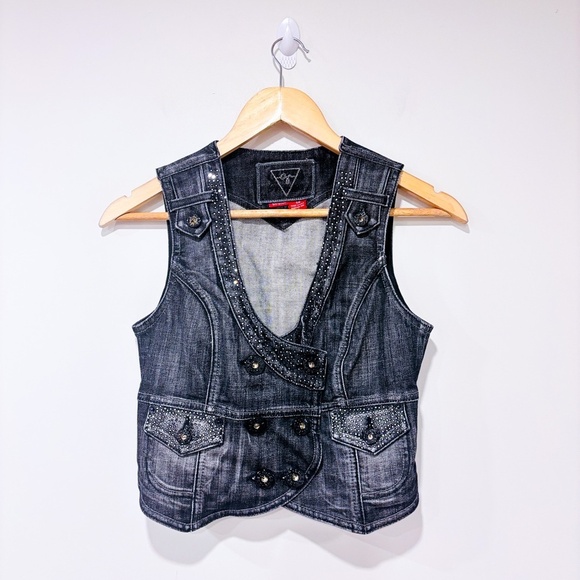 GUESS Black denim sleeveless vest - Picture 1 of 6